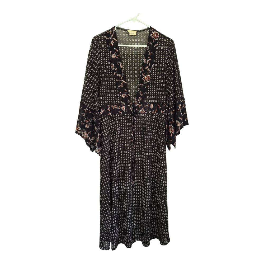 Ember Kimono Duster Size L Black Paisley Bell Sleeve Boho Lagenlook Maxi